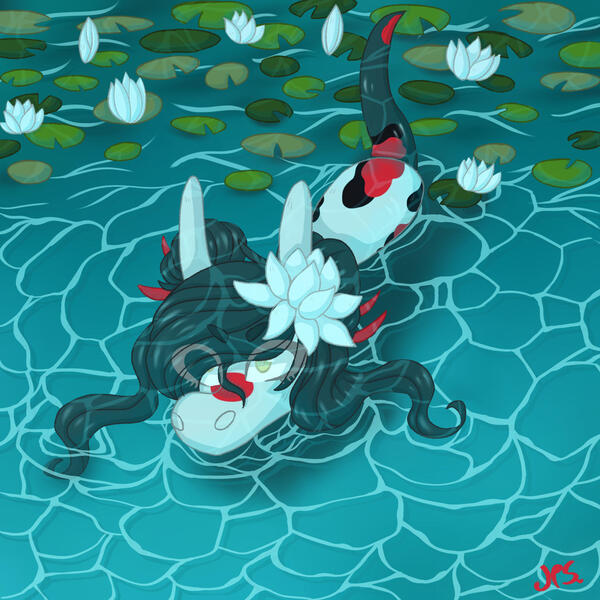 Size: 1963x1963 | Tagged: safe, artist:shinyantlers, derpibooru import, oc, unofficial characters only, earth pony, pony, earth pony oc, flower, flower in hair, image, jpeg, lilypad, pond, water