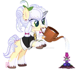 Size: 900x825 | Tagged: safe, artist:khimi-chan, derpibooru import, oc, unofficial characters only, pony, unicorn, clothes, deviantart watermark, ear piercing, flower, horn, image, obtrusive watermark, open mouth, piercing, png, simple background, solo, transparent background, unicorn oc, unshorn fetlocks, watering can, watermark