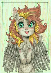 Size: 1789x2539 | Tagged: safe, artist:porcelanowyokular, derpibooru import, oc, oc:golden rain, unofficial characters only, pegasus, pony, :p, bust, eyelashes, female, image, jpeg, pegasus oc, tongue out, wings