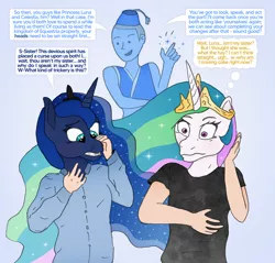 Size: 1892x1807 | Tagged: safe, artist:axiomtf, derpibooru import, princess celestia, princess luna, alicorn, genie, human, pony, brainwashing, clothes, crown, dialogue, female, human to pony, image, jewelry, long hair, male to female, mental shift, mind control, png, regalia, royal sisters, rule 63, shirt, siblings, sisters, t-shirt, transformation, wish