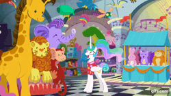 Size: 640x360 | Tagged: safe, derpibooru import, screencap, princess celestia, alicorn, pony, between dark and dawn, season 9, spoiler:s09, animated, clothes, cute, cutelestia, excited, eyes closed, female, gif, gifs.com, grin, happy, image, magic, mare, open mouth, open smile, plushie, ponytail, shirt, smiling, solo, telekinesis