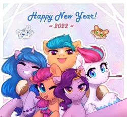 Size: 3100x2855 | Tagged: safe, artist:avrameow, derpibooru import, hitch trailblazer, izzy moonbow, pipp petals, sunny starscout, zipp storm, earth pony, pegasus, pony, unicorn, my little pony: a new generation, g5, happy new year, happy new year 2022, holiday, image, mane five (g5), png