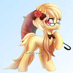 Size: 600x599 | Tagged: safe, artist:cabbage-arts, derpibooru import, parasol, oc, oc:creamy dream, unofficial characters only, earth pony, pony, bow, bowtie, commission, commissioner:khaosarts, earth pony oc, female, flower, flower in hair, glasses, gradient background, hair bow, image, png, solo