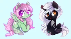 Size: 900x493 | Tagged: safe, artist:cabbage-arts, derpibooru import, oc, unofficial characters only, pegasus, pony, unicorn, blue background, commission, duo, female, horn, image, pegasus oc, png, simple background, unicorn oc, wings