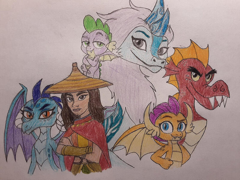 Size: 900x675 | Tagged: safe, artist:jebens1, derpibooru import, princess ember, smolder, spike, dragon, crossover, image, jpeg, raya and the last dragon, sisu, traditional art