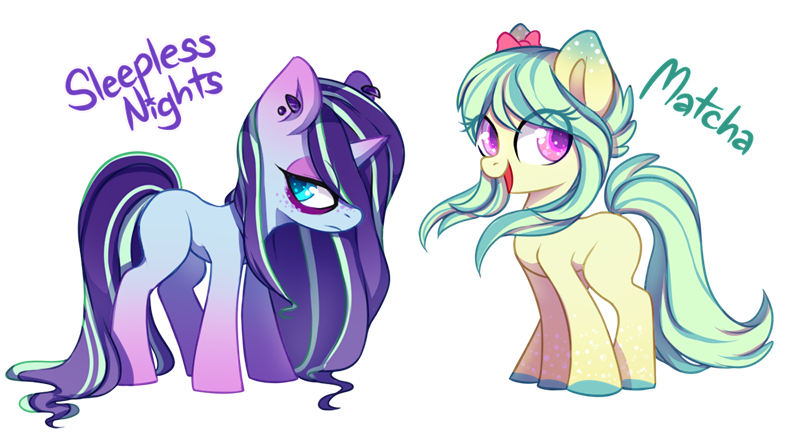 Size: 800x440 | Tagged: safe, artist:cabbage-arts, derpibooru import, oc, oc:matcha, oc:sleepless nights, unofficial characters only, earth pony, pony, unicorn, adoptable, duo, earth pony oc, female, horn, image, png, simple background, transparent background, unicorn oc