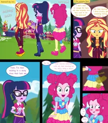 Size: 2550x2900 | Tagged: suggestive, artist:lightning_musicwave, derpibooru import, pinkie pie, sci-twi, sunset shimmer, twilight sparkle, comic:starswirl day two, equestria girls, clothes, comic, fart, fart fetish, female, females only, fetish, high res, image, need to poop, png, text
