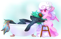 Size: 1000x636 | Tagged: safe, artist:cabbage-arts, derpibooru import, oc, unofficial characters only, bat pony, pony, bat pony oc, bat wings, bath, bathing, bathtub, brush, duo, female, image, male, png, relaxing, wings