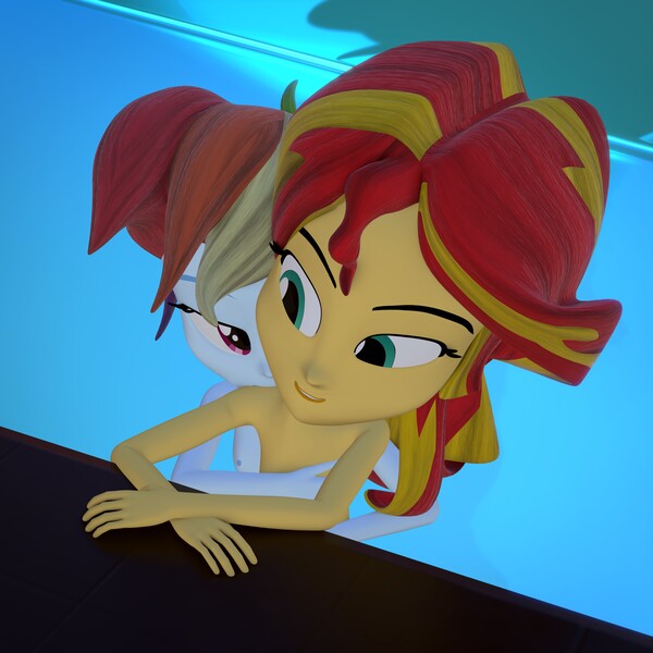 Size: 4000x4000 | Tagged: questionable, artist:wissle, derpibooru import, rainbow dash, sunset shimmer, equestria girls, 3d, absurd resolution, affection, bare shoulders, bedroom eyes, blender, breast grab, breasts, complete nudity, delicious flat chest, female, females only, gentle sex, grope, hand on breasts, hug, image, implied fingering, jpeg, kiss on the shoulder, lesbian, lidded eyes, looking back, naked hug, nipples, nudity, offscreen sex, open mouth, open smile, rainbow flat, reach around, sex, sex in the water, shipping, skinny dipping, smiling, softcore, sunsetdash, swimming pool, water
