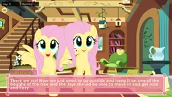 Size: 1600x900 | Tagged: safe, artist:tiarawhy, derpibooru import, screencap, fluttershy, pegasus, cute, duo, fluttershy's cottage, fluttershy's cottage (interior), image, looking at you, png, pony waifu sim, self paradox, self ponidox, smiling, spread wings, wings