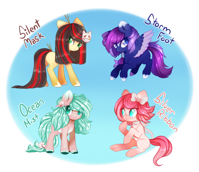 Size: 1024x885 | Tagged: safe, artist:cabbage-arts, derpibooru import, oc, oc:ocean mist, oc:silent mask, oc:silver ribbon, oc:storm foot, unofficial characters only, earth pony, pegasus, pony, bow, earth pony oc, gradient background, hair bow, image, partial background, pegasus oc, png, simple background, transparent background, wings