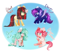 Size: 1024x885 | Tagged: safe, artist:cabbage-arts, derpibooru import, oc, oc:ocean mist, oc:silent mask, oc:silver ribbon, oc:storm foot, unofficial characters only, earth pony, pegasus, pony, bow, earth pony oc, gradient background, hair bow, image, partial background, pegasus oc, png, simple background, transparent background, wings