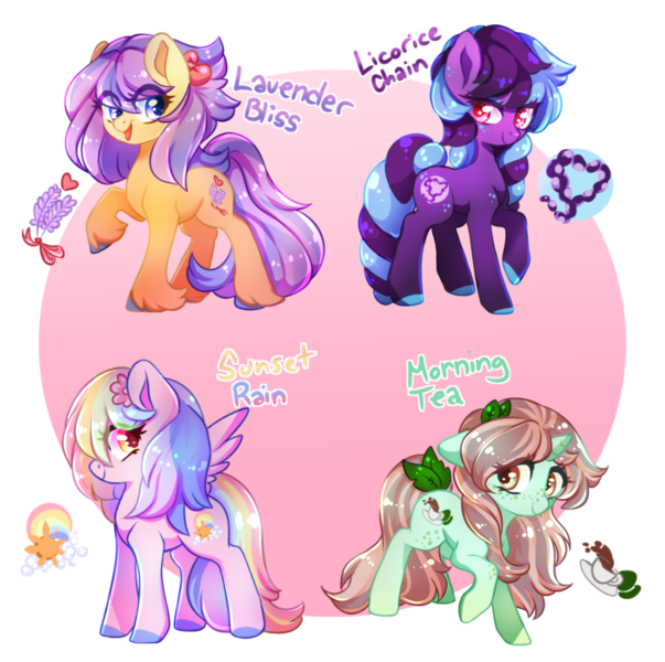 Size: 900x896 | Tagged: safe, artist:cabbage-arts, derpibooru import, oc, oc:lavender bliss, oc:licorice chain, oc:morning tea, oc:sunset rain, unofficial characters only, earth pony, pegasus, pony, unicorn, earth pony oc, female, horn, image, partial background, pegasus oc, png, simple background, transparent background, unicorn oc, wings