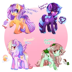 Size: 900x896 | Tagged: safe, artist:cabbage-arts, derpibooru import, oc, oc:lavender bliss, oc:licorice chain, oc:morning tea, oc:sunset rain, unofficial characters only, earth pony, pegasus, pony, unicorn, earth pony oc, female, horn, image, partial background, pegasus oc, png, simple background, transparent background, unicorn oc, wings