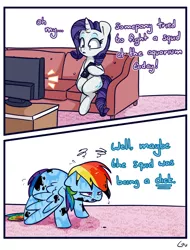 Size: 1424x1873 | Tagged: safe, artist:lou, derpibooru import, rainbow dash, rarity, pegasus, pony, unicorn, comic, couch, dialogue, female, image, implied fight, ink, mare, png, remote, shocked, vulgar, wet, wet mane