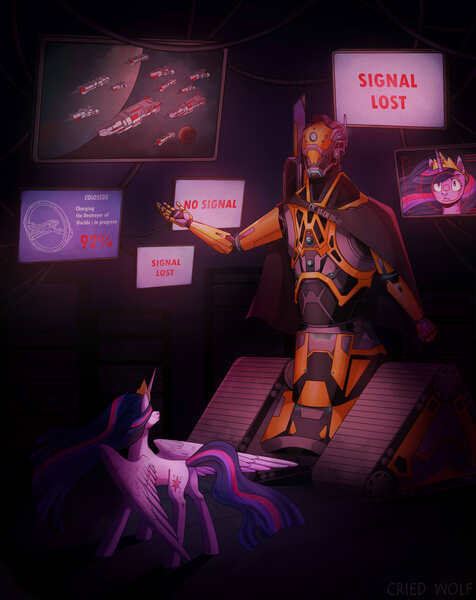 Size: 3495x4404 | Tagged: safe, artist:cried wolf, artist:criedwolf28, derpibooru import, twilight sparkle, twilight sparkle (alicorn), alicorn, pony, robot, fanfic, computer screen, duo, fanfic art, fanfic cover, female, image, jpeg, mare, older, older twilight, space, spaceship, stellaris