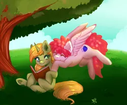 Size: 1000x828 | Tagged: safe, artist:cabbage-arts, derpibooru import, oc, unofficial characters only, pegasus, pony, unicorn, book, duo, eyes closed, female, grass, horn, hug, image, pegasus oc, png, tree, unicorn oc, wings