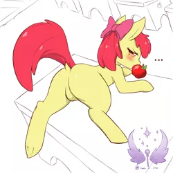 Size: 1600x1600 | Tagged: suggestive, artist:cold-blooded-twilight, apple bloom, earth pony, pony, ..., apple, bloom butt, blushing, butt, desk, dock, female, filly, foalcon, food, frog (hoof), image, looking at you, looking back, looking back at you, png, underage, underhoof