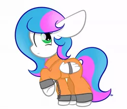 Size: 1094x937 | Tagged: safe, artist:sugarcloud12, derpibooru import, oc, oc:sugar cloud, unofficial characters only, pegasus, ankle cuffs, bound wings, clothes, cuffed, cuffs, image, jpeg, pegasus oc, prison outfit, wing cuffs, wings