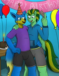 Size: 3200x4116 | Tagged: safe, artist:tacomytaco, derpibooru import, oc, oc:jayden, oc:taco.m.tacoson, unofficial characters only, balloon, birthday, cake, clothes, food, hat, hoodie, hug, image, male, males only, party hat, png, shirt, shorts, smiling