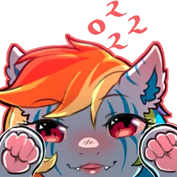 Size: 1159x1159 | Tagged: safe, artist:cold-blooded-twilight, derpibooru import, rainbow dash, big cat, hybrid, pegasus, pony, tiger, 2022, blushing, cute, cute little fangs, ear fluff, fangs, image, looking at you, open mouth, open smile, paw pads, paws, png, rainbow cat, simple background, smiling, species swap, stripes, transparent background, underhoof, underpaw, year of the tiger
