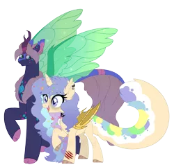 Size: 2463x2378 | Tagged: safe, artist:midnightamber, derpibooru import, oc, oc:mish-mash, unnamed oc, unofficial characters only, alicorn, bat pony, bat pony alicorn, changedling, changeling, hybrid, kirin, pony, derpibooru community collaboration, 2022 community collab, alicorn oc, amputee, artificial wings, augmented, bat pony oc, bat wings, changedling oc, changeling oc, collar, derpibooru exclusive, duo, ear piercing, earring, eyeshadow, fangs, female, freckles, genderfluid, horn, image, jewelry, kirin oc, makeup, mare, markings, multicolored hair, piercing, png, prosthetic limb, prosthetic wing, prosthetics, raised hoof, scar, simple background, size difference, tattoo, transparent background, unshorn fetlocks, uwu, wings