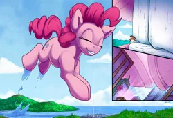 Size: 2000x1366 | Tagged: safe, artist:tsitra360, derpibooru import, part of a set, pinkie pie, earth pony, pony, comic:pink box surprise, city, cloud, colored, destruction, eyes closed, female, giant earth pony, giant pony, image, jpeg, jumping, land, macro, mare, ocean, part of a series, sky, smiling, solo, splash, water