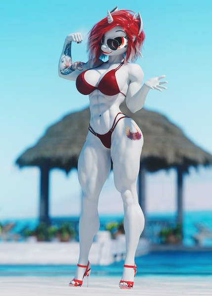 Size: 3000x4200 | Tagged: suggestive, artist:dashie116, derpibooru import, oc, oc:lovers, anthro, 3d, abs, beach, biceps, bikini, breasts, clothes, daz studio, female, flexing, high heels, image, looking at you, muscles, muscular female, png, shoes, sunglasses, swimsuit