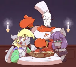 Size: 1120x994 | Tagged: safe, artist:voreburger, derpibooru import, derpy hooves, maud pie, earth pony, pegasus, pony, candle, chef's hat, crossover, date, derpmaud, dinner, female, food, hat, image, jpeg, lesbian, mare, papyrus (undertale), pasta, shipping, siivagunner, spaghetti, tongue out, undertale, vylet pony