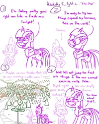 Size: 4779x6013 | Tagged: safe, artist:adorkabletwilightandfriends, derpibooru import, spike, twilight sparkle, twilight sparkle (alicorn), alicorn, comic:adorkable twilight and friends, adorkable, adorkable twilight, back, back of head, caught, comic, conversation, cute, dork, exercise, happy new year, hill, holiday, houses, image, neighborhood, nervous, new year, png, ponyville, sidewalk, sign, silly, slice of life, sweat, tree, walking