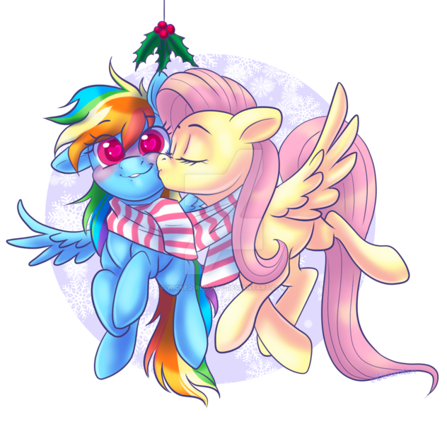 Size: 1280x1215 | Tagged: safe, artist:wicked-red-art, derpibooru import, fluttershy, rainbow dash, pegasus, pony, blushing, clothes, cute, dashabetes, eyes closed, female, flutterdash, flying, heart eyes, holly, holly mistaken for mistletoe, image, kiss on the cheek, kissing, lesbian, mare, one ear down, png, scarf, shipping, shyabetes, simple background, smiling, snow, snowflake, spread wings, transparent background, wingding eyes, wings