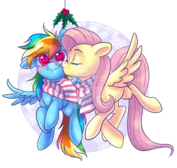Size: 1280x1215 | Tagged: safe, artist:wicked-red-art, derpibooru import, fluttershy, rainbow dash, pegasus, pony, blushing, clothes, cute, dashabetes, eyes closed, female, flutterdash, flying, heart eyes, holly, holly mistaken for mistletoe, image, kiss on the cheek, kissing, lesbian, mare, one ear down, png, scarf, shipping, shyabetes, simple background, smiling, snow, snowflake, spread wings, transparent background, wingding eyes, wings