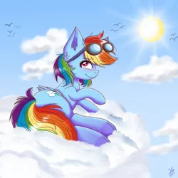 Size: 1280x1280 | Tagged: safe, artist:galaxy swirl, derpibooru import, rainbow dash, pegasus, pony, cloud, goggles, image, jpeg, looking at you, lying down, lying on a cloud, on a cloud, sky, smiling, solo, sun, underhoof