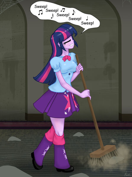 Size: 1600x2149 | Tagged: safe, artist:lennondash, derpibooru import, twilight sparkle, equestria girls, the saddle row review, broom, dust, equestria girls interpretation, eyes closed, grin, image, jpeg, scene interpretation, singing, smiling, solo, speech bubble, sweeping, sweepsweepsweep