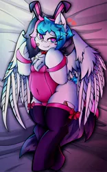 Size: 2560x4096 | Tagged: suggestive, artist:canvymamamoo, derpibooru import, oc, oc:echy, unofficial characters only, pegasus, semi-anthro, bandaid, bed, belly button, bowtie, breasts, bunny ears, bunny suit, chest fluff, clothes, cuffs (clothes), ear fluff, fangs, female, floating heart, freckles, frog (hoof), heart, hip freckles, image, jpeg, leotard, looking at you, lying down, raised hoof, smiling, socks, solo, solo female, stockings, thigh highs, underhoof
