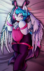 Size: 2560x4096 | Tagged: suggestive, alternate version, artist:canvymamamoo, derpibooru import, oc, oc:echy, unofficial characters only, pegasus, semi-anthro, bandaid, bed, belly button, bowtie, breasts, bunny ears, bunny suit, chest fluff, clothes, cuffs (clothes), ear fluff, fangs, female, floating heart, freckles, frog (hoof), heart, hip freckles, image, jpeg, leotard, looking at you, lying down, pantyhose, raised hoof, smiling, socks, solo, solo female, stockings, thigh highs, underhoof