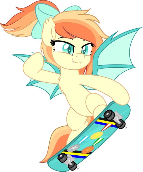 Size: 3392x4096 | Tagged: safe, artist:jhayarr23, derpibooru import, oc, oc:sunshine drift, unofficial characters only, bat pony, pony, bat pony oc, bat wings, bipedal, bow, chest fluff, commission, eyebrows, eyelashes, female, hair bow, high res, image, jpeg, mare, ponytail, pose, simple background, skateboard, skateboarding, smiling, solo, spread wings, white background, wings, ych result