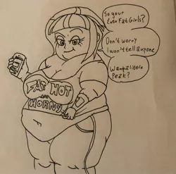 Size: 2993x2957 | Tagged: artist needed, suggestive, derpibooru import, sunny flare, equestria girls, bbw, belly button, breasts, busty sunny flare, dialogue, fat, image, jpeg, looking at you, monochrome, obese, phone, solo, sunny fat