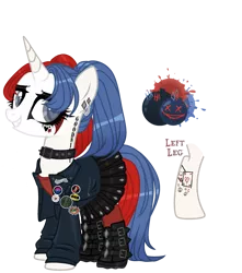 Size: 2299x2603 | Tagged: safe, artist:kellysweet1, derpibooru import, oc, oc:side spitter, unofficial characters only, pony, unicorn, badge, bisexual pride flag, boots, clothes, collar, derpibooru exclusive, ear piercing, earring, eyeshadow, female, grin, image, jacket, jewelry, leather jacket, makeup, mare, piercing, pigtails, pin, png, pride, pride flag, running makeup, shirt, shoes, simple background, skirt, smiling, socks, solo, stockings, t-shirt, tattoo, thigh highs, transparent background, twintails