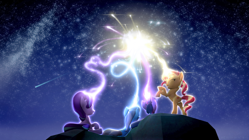 Size: 3840x2160 | Tagged: safe, artist:nebby14, derpibooru import, starlight glimmer, sunset shimmer, trixie, twilight sparkle, twilight sparkle (alicorn), alicorn, pony, unicorn, 3d, 4k, cute, fireworks, group, group shot, happy new year, hd, high res, holiday, image, magic, magic aura, mountain, new year, night, night sky, png, rearing, shooting star, sky, source filmmaker, space, stars, wallpaper