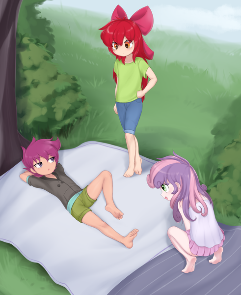 Size: 4222x5160 | Tagged: safe, artist:pestil, apple bloom, scootaloo, sweetie belle, human, barefoot, cutie mark crusaders, feet, humanized, image, png