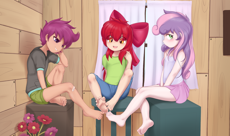 Size: 4974x2958 | Tagged: suggestive, artist:pestil, banned from derpibooru, paywalled source, apple bloom, scootaloo, sweetie belle, human, bandage, barefoot, blushing, clothes, clubhouse, crusaders clubhouse, cutie mark crusaders, embarrassed, equestria girls outfit, feet, female, females only, fetish, foot fetish, footsie, grin, high res, humanized, image, lolicon, png, smiling, stool, tanktop, underage
