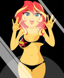 Size: 1432x1732 | Tagged: suggestive, artist:rosemile mulberry, derpibooru import, sunset shimmer, equestria girls, against glass, belly button, bikini, breast squish, breasts, breath, busty sunset shimmer, clothes, female, glass, image, looking at you, png, solo, steam, swimsuit, tongue out, wallpaper