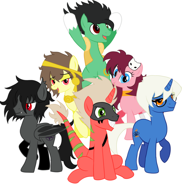 Size: 2000x2000 | Tagged: safe, derpibooru import, oc, oc:coyllur, oc:gehirn, oc:kakawatl, oc:pink velvet, oc:rex, oc:vlad tempest, bat pony, earth pony, pegasus, pony, unicorn, derpibooru community collaboration, 2022 community collab, female, glasses, group, horn, image, male, mare, png, simple background, stallion, transparent background