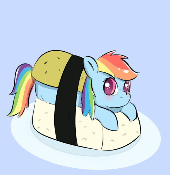 Size: 1491x1538 | Tagged: safe, artist:limitmj, derpibooru import, rainbow dash, pegasus, pony, :i, blue background, blushing, cute, dashabetes, female, food, image, lying down, mare, plate, png, ponies in food, pony as food, prone, simple background, solo, sushi, sushi pony