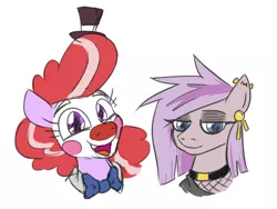 Size: 424x319 | Tagged: safe, artist:jargon scott, derpibooru import, oc, oc:clown pony, oc:nada phase, earth pony, pony, bowtie, bust, choker, clown, clown makeup, duo, ear piercing, earring, eyeshadow, female, fishnet clothing, goth, hat, image, jewelry, lidded eyes, looking at you, makeup, mare, open mouth, open smile, piercing, png, siblings, simple background, sisters, smiling, smiling at you, tiny hat, top hat, white background