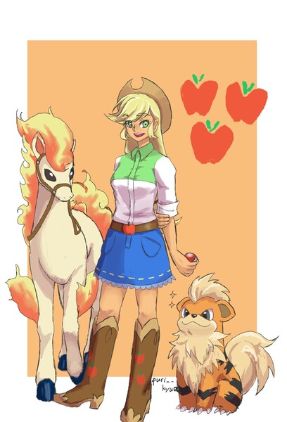 Size: 900x1323 | Tagged: safe, artist:puri__kyua, derpibooru import, applejack, growlithe, ponyta, equestria girls, applejack's hat, boots, clothes, cowboy hat, female, freckles, hat, image, jpeg, pokéball, pokémon, shoes, skirt, smiling, solo, stetson