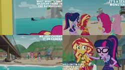 Size: 1280x720 | Tagged: safe, derpibooru import, edit, edited screencap, editor:quoterific, screencap, fluttershy, pinkie pie, sci-twi, sunset shimmer, timber spruce, twilight sparkle, equestria girls, equestria girls series, unsolved selfie mysteries, beach, clothes, eyes closed, female, geode of empathy, geode of fauna, geode of sugar bombs, geode of telekinesis, glasses, hairpin, hand on hip, image, jewelry, jpeg, magical geodes, male, mobile phone, necklace, one-piece swimsuit, open mouth, phone, ponytail, sandals, smartphone, swimsuit