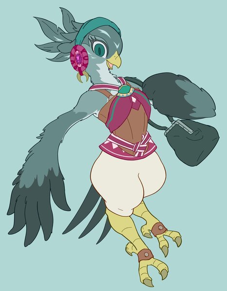 Size: 3188x4096 | Tagged: safe, artist:noupu, derpibooru import, gabby, rito, bag, beak, colored, cute, female, flat colors, green background, image, jpeg, open mouth, simple background, solo, species swap, the legend of zelda, the legend of zelda: breath of the wild, wing hands, wings