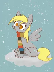 Size: 2048x2732 | Tagged: safe, artist:noupu, derpibooru import, derpy hooves, pegasus, pony, clothes, cloud, cute, derpabetes, female, image, jpeg, mare, on a cloud, scarf, sitting, sitting on cloud, snow, snowfall, solo, spread wings, tongue out, underhoof, wings